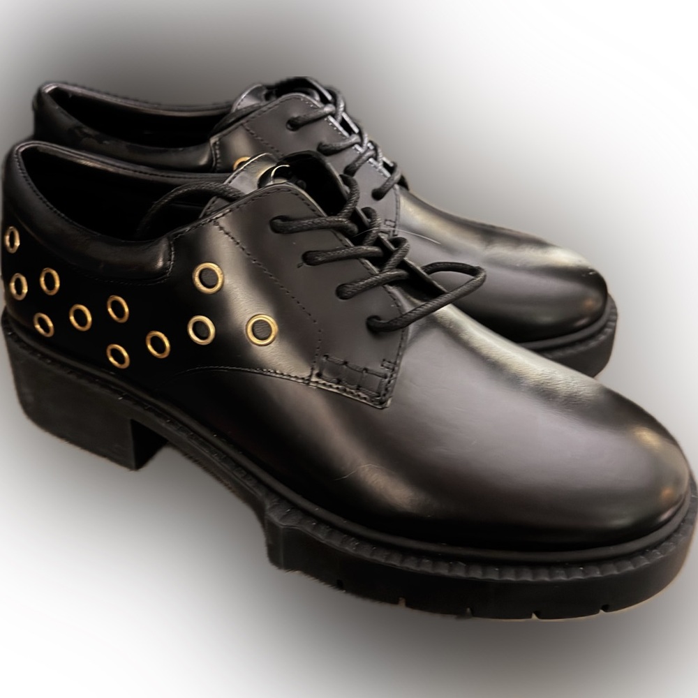 Coach Womens NWT Black Leather Lyla platform DerbyW/ Grommet Accents Sz 8